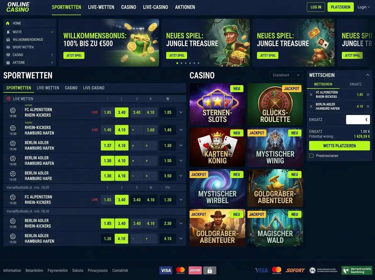 Lobby von King Billy mit Slots, Live-Casino und Tischspielen
